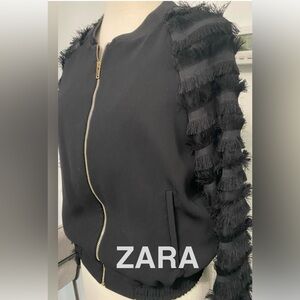 ZARA Black Bomber Jacket with Fringe Sleeve Detail -Size XS -NEW